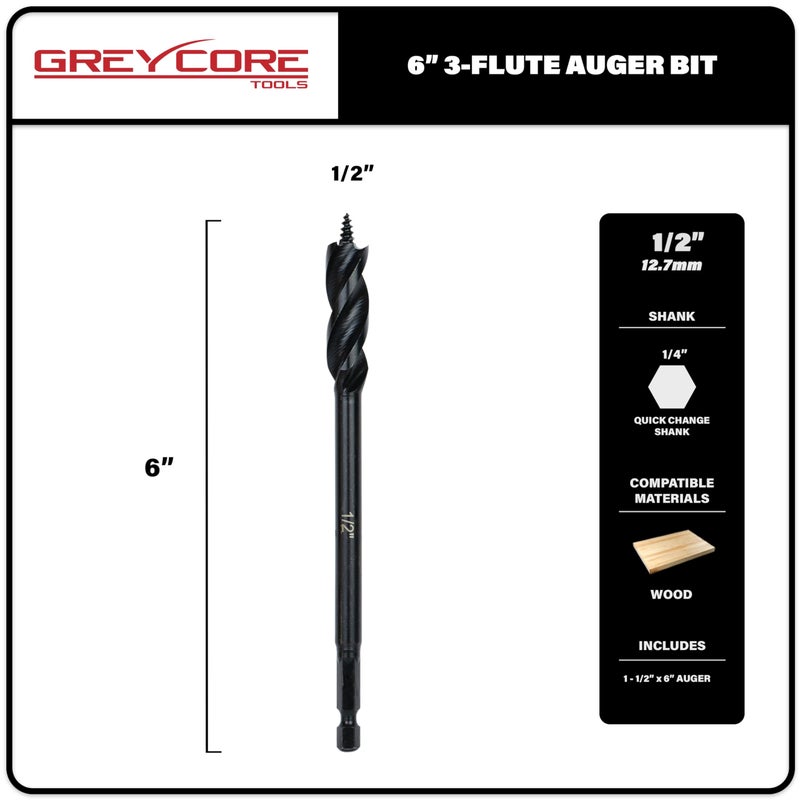 Greycore Tools 1/2 Inch x 6 Inch 3-Flute Auger Bit, Wood Drill Bit for Hard and Soft Wood, 1/4    Quick Change Shank, Woodworking Auger Bits (1/2    x 6    Auger) - Image 2